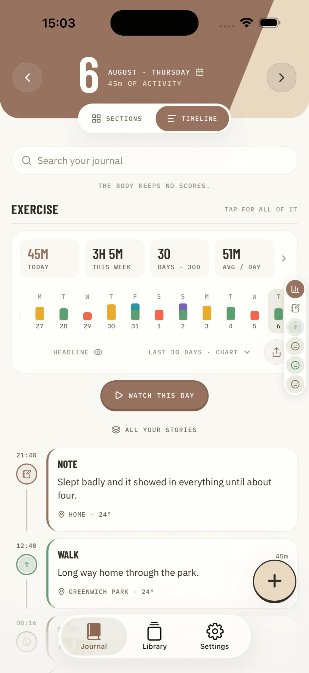 A day on the Nama timeline: a note, a walk, sleep, mood and bodyweight