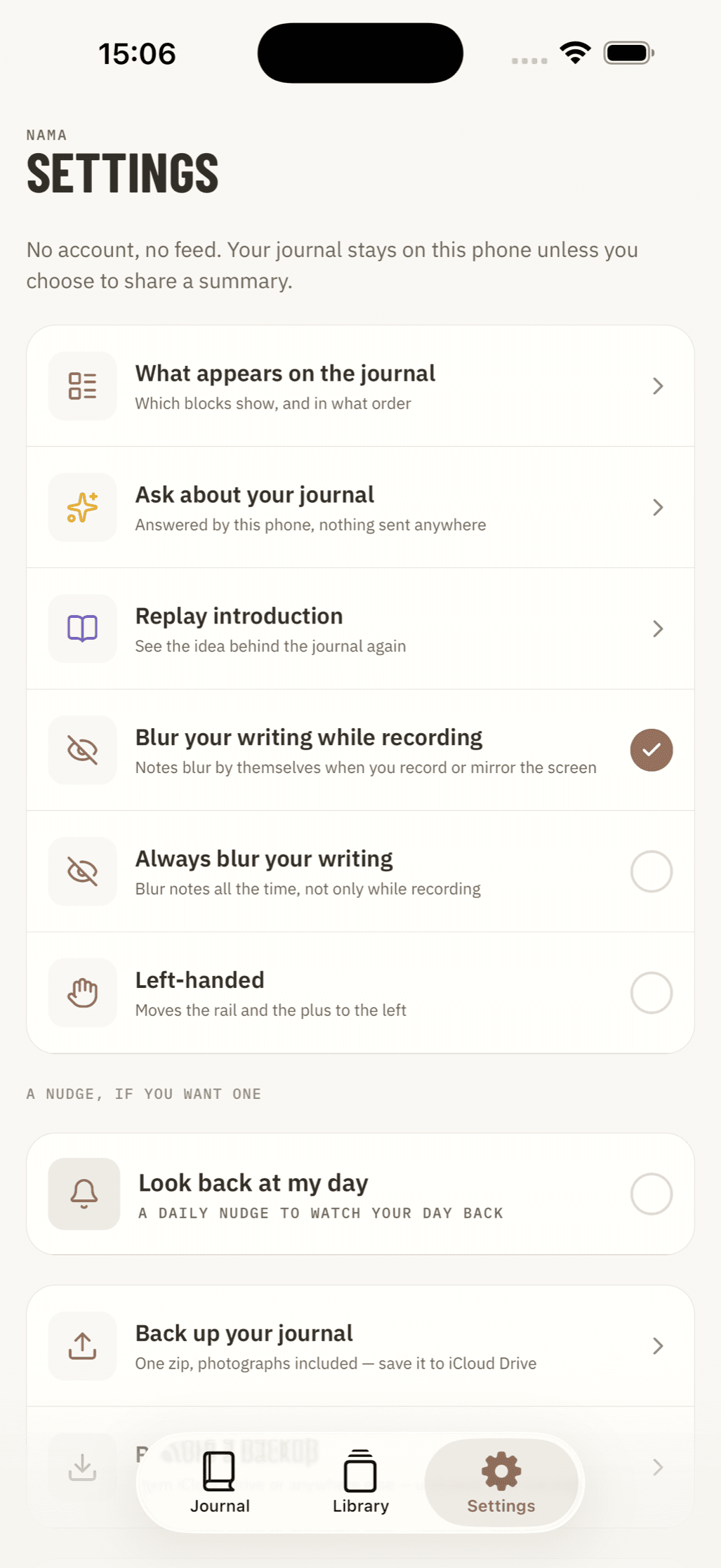 Nama's settings, showing backup and privacy options