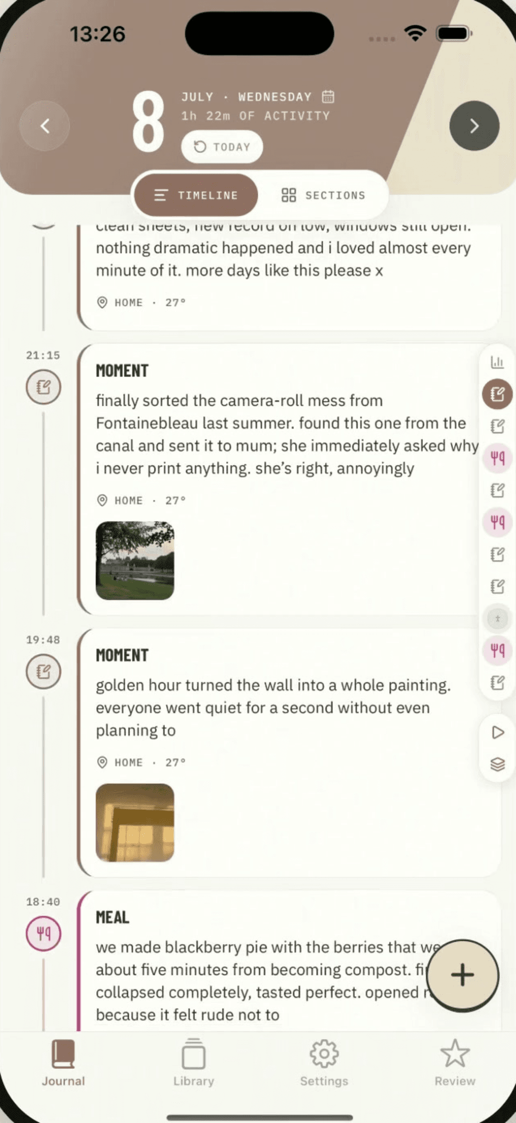 A day on the Nama timeline with Moments, a meal and photographs